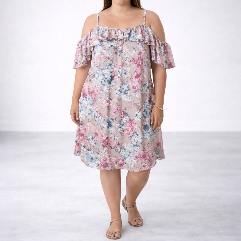 Plus Size 1X Womens Floral Cold Shoulder Dress Boho Summer Beach Cruise Wear